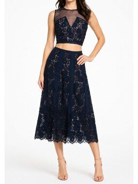Foxiedox Antiqua Blue Two-Piece Floral Lace Dress Wedding Guest 2-Piece Cropped